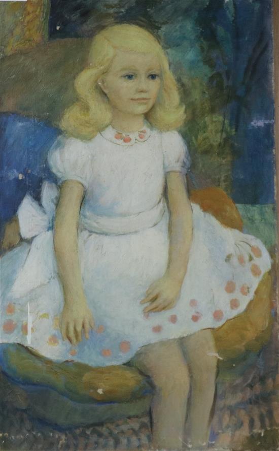 Joyce Spencer, oil on canvas, Portrait of Jane Barcroft, Royal Society of Portrait Painters label verso, 73 x 45cm, unframed